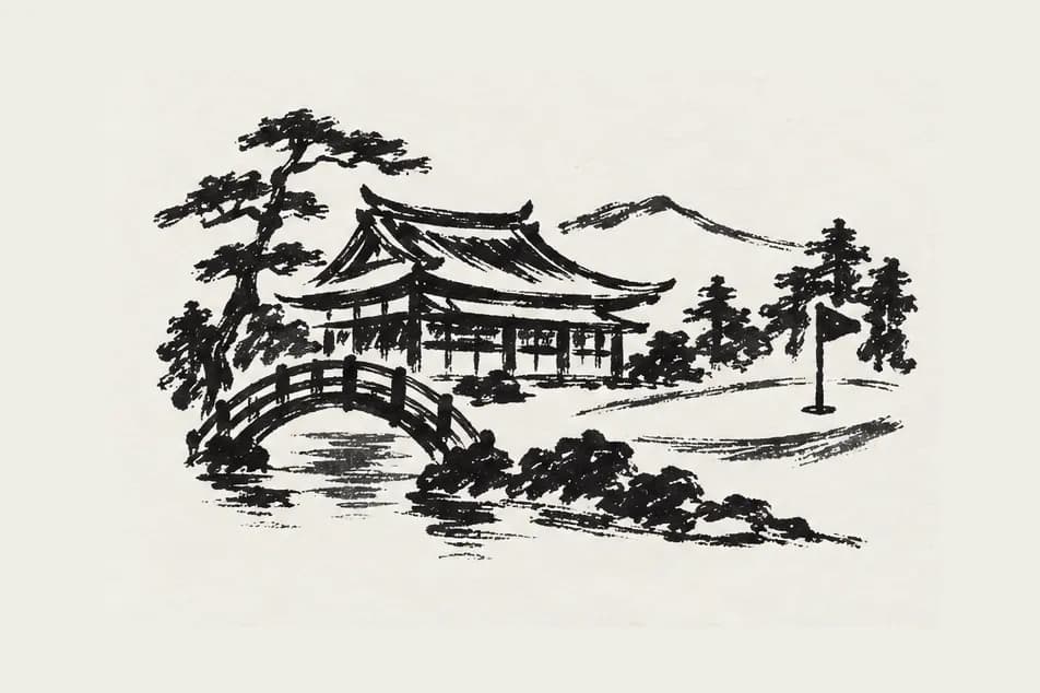 A historic Japanese clubhouse and bridge, ink drawing